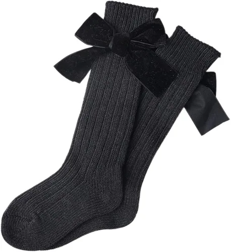 Miniatura 6 de Kayotuas Calcetines altos hasta la rodilla con lazos, calcetines de uniforme con volantes de tubo largo, calcetines de punto acanalado para bebés