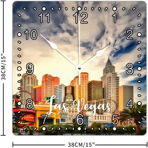 Miniatura 2 de Reloj cuadrado de madera de 15 x 15 pulgadas, diseño de paisaje urbano de Las Vegas, números arábigos, moderno, silencioso, sin tictac, funciona