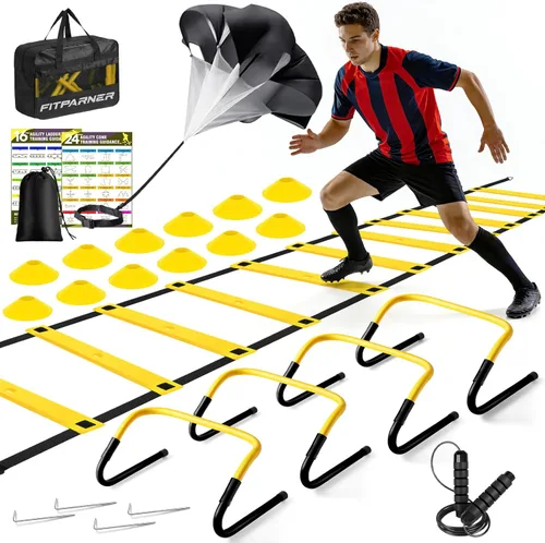 Agility Ladder, Soccer Football Training Equipment Set - 20ft Speed Ladder, 4 Hurdles,Parachute, 12 Cones & Jump Rope | Agility & Speed Training for