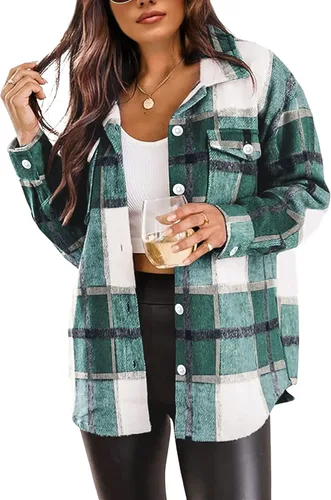 Miniatura 30 de Tanming - Chaquetas de franela cepillada para mujer, a cuadros, con botones, solapas y bolsillos, camisa tipo chaqueta