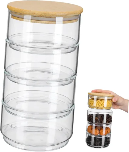 4 tarros de vidrio apilables con tapas, cuencos herméticos de almacenamiento de borosilicato alto para ensalada de frutas y recipientes de