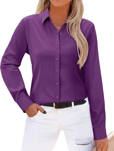 Miniatura 27 de Gleeivy - Camisas abotonadas para mujer, sin arrugas, de manga larga, camisas de vestir casuales con cuello V, ajustadas, de un solo