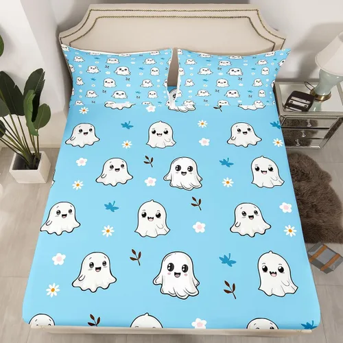 Miniatura 11 de Sábana bajera ajustable de fantasma de Halloween, tamaño individual, sábana de bruja de calabaza de caramelo de dibujos animados, juego de ropa