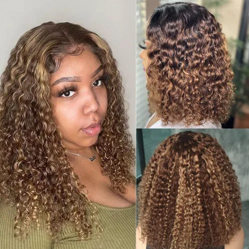 Miniatura 3 de Peluca de cabello humano con resalte rubio, fácil de usar y sin pegamento, rizada, de 16 pulgadas, pre-depilada, 4/27 onda de agua, sin pegamento