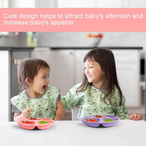 Miniatura 6 de Vicloon Plato de vajilla para niños pequeños, 2 piezas de placa de silicona con compartimentos divididos, placas de succión para bebés y niños Rosa