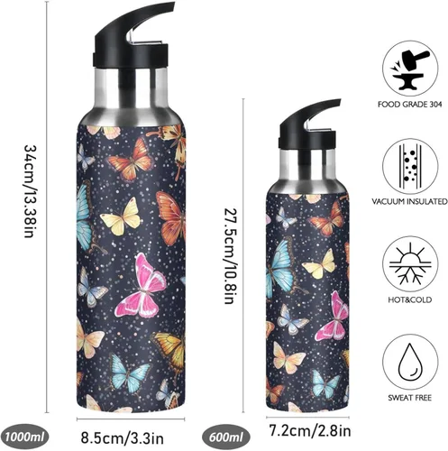 Miniatura 2 de Stainless Steel Water Bottle 20 Oz, Leakproof Water Bottles for Gym Outdoor Travel School, Colorful Butterflies Black