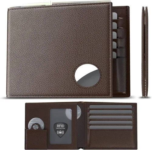 typecase Cartera de cuero para hombre con soporte AirTag bolsillo oculto compatible con Apple Air Tag, cuero de grano superior, bifold, delgada,