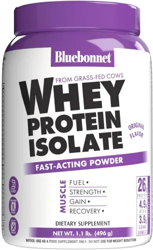 Bluebonnet Nutrition Whey Protein - Polvo aislado de proteína de vacas alimentadas con pasto, sin azúcar añadido, sin gluten ni soja, lácteos