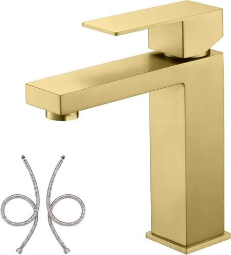 Miniatura 15 de sumerain Grifo de lavabo de recipiente, grifo de baño alto de acero inoxidable 304 con una sola manija, un solo agujero, negro y dorado, sin plomo