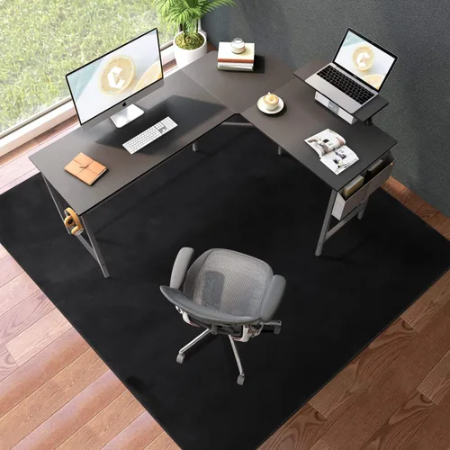 Tapete para silla de oficina, 75 x 60 pulgadas, tapete grande para sillas para suelos duros, alfombra de tela de franela para superficie dura, Negro