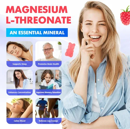 Miniatura 3 de Gomitas de magnesio L-treonato de 1000 mg para adultos, apoyo muscular y del sistema nervioso, vegano, sabor a frambuesa sin azúcar, 60 gomitas