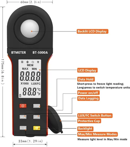 Miniatura 6 de BTMETER Light Lux Meter Logger BT-5000A, probador digital de lúmenes de medición de nivel de iluminación Intensidad 0.1 ~ 400.000 Lux(0.1 ~ 40.000
