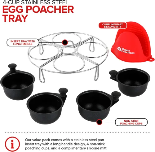 Miniatura 2 de Modern Innovations Bandeja escalfadora de huevos de acero inoxidable de 4 tazas, guante de silicona gratuito, inserto para escalfar huevos y huevos