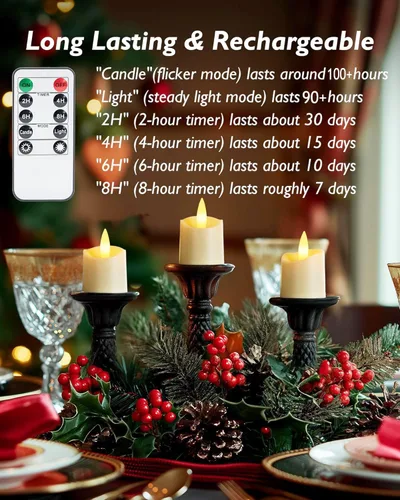 Miniatura 4 de Homemory - Velas recargables sin llama, Velas votivas LED con temporizador de 2/4/6/8H, 6 piezas, velas de té operadas por batería con temporizador