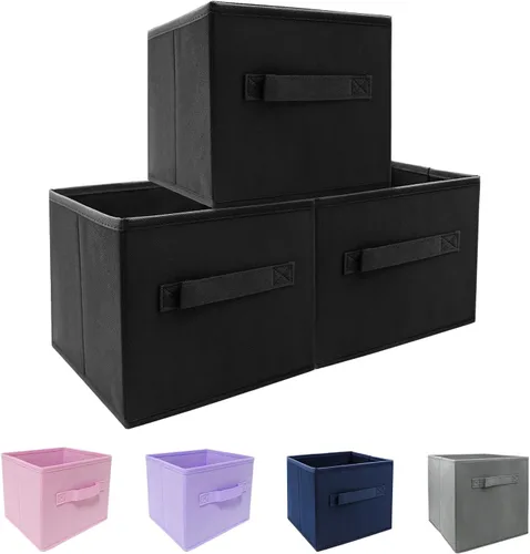 Miniatura 12 de EBIGIC Contenedores de almacenamiento negros de 9.0 x 7.5 x 7.5 pulgadas, tamaño pequeño Fabirc plegable, organizador de juguetes para armario, paño