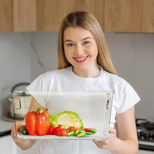 Miniatura 6 de Paquete de 4 cubos de almacenamiento de plástico transparente con asas, organizador apilable para despensa, refrigerador, debajo del fregadero