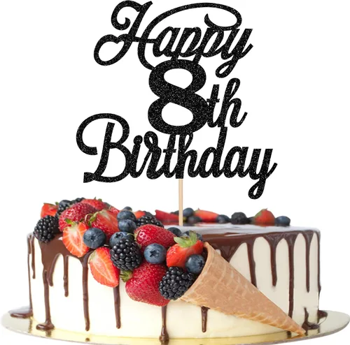 Rsstarxi 1 paquete de decoración para tarta de cumpleaños 8 con purpurina negra de 8 años y fabulosos saludos a 8 años de edad, para celebrar el 8º