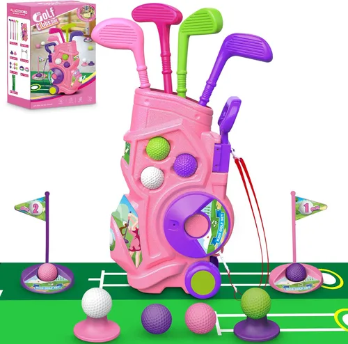 Letapapa Juego de golf para niños pequeños con tapete de puting, 4 palos, 8 bolas, 2 agujeros de práctica para niños de 3 a 5 años, juguetes Rosa