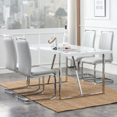 Miniatura 19 de Mesa de comedor Ebullient para 4, mesa de comedor rectangular negra de MDF, tapa de mesa de cena de mármol falso, mesa de comedor moderna con marco