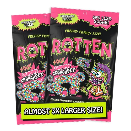 Rotten Sour Gummy Cruncheez - Bajo en azúcar, bajo en calorías, 5g de fibra prebiótica amigable para el intestino, dulces sin gluten, sin colorantes