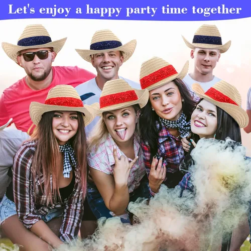 Miniatura 6 de Leumoi 12 sombreros de vaquero occidental con bandana roja, sombrero clásico de paja de vaquero para vaquero, roeo, fiesta temática, cosplay