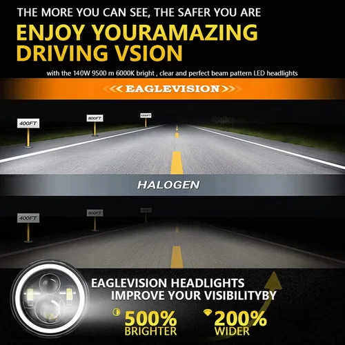 Miniatura 7 de Shkalacar Faro LED H4 de 7 pulgadas 140W Ojos de Ángel Faros redondos 4 modos 14000LM 6000K Blanco/3000K Ámbar Faro de coche y motocicleta Auto Ring