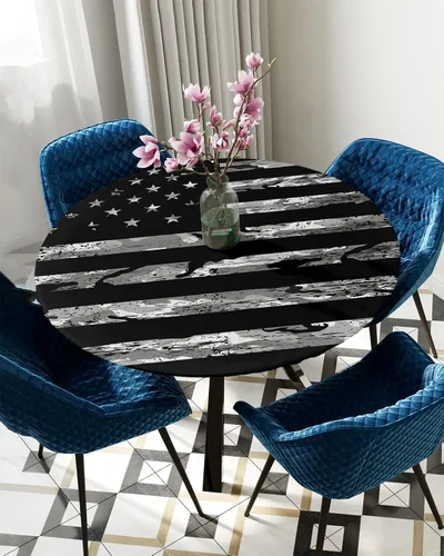 Miniatura 5 de Mantel redondo ajustable con bandera de camuflaje estadounidense para mesas de comedor, diseño de estrellas y rayas de camuflaje con borde elástico