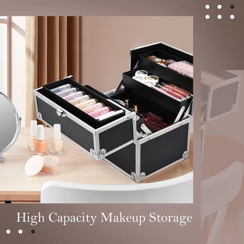 Miniatura 6 de Frenessa Estuche de Tren de Maquillaje Organizador de Cosméticos Estuche Profesional de Almacenamiento de Maquillaje 4 Bandejas con Divisores