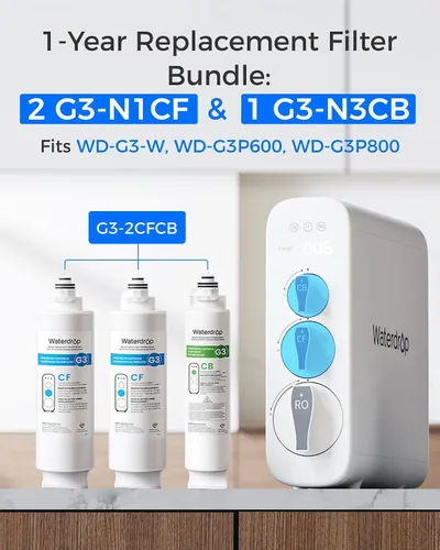 Miniatura 2 de Waterdrop Filtro G3-2CFCB, repuesto para sistema de ósmosis inversa Waterdrop G3-W, G3P600 y G3P800, paquete de 2 filtros G3-N1CF y 1 filtro
