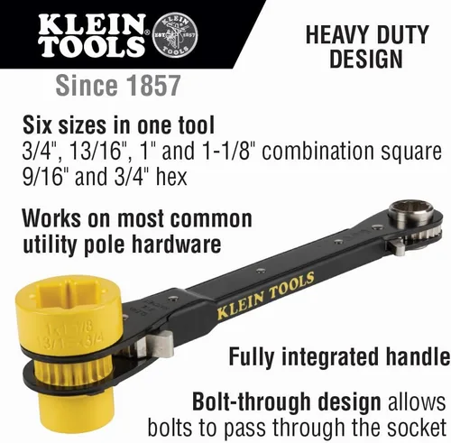 Miniatura 2 de KLEIN TOOLS KT155HD Llave de trinquete 6 en 1 de Lineman's de alta resistencia con diseño de perno y enchufe amarillo brillante