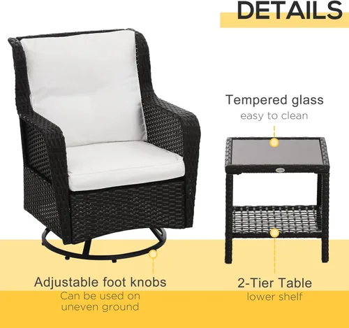 Miniatura 6 de Outsunny Juego de muebles de mimbre para exteriores de 3 piezas, juego de muebles de ratán con mesa de centro de cristal y sillas de porche