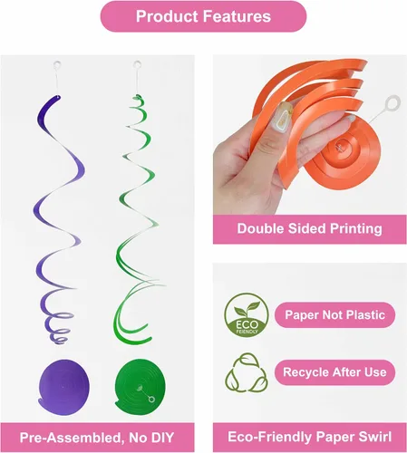 Miniatura 6 de HonuGoGo Juego de 48 piezas de remolinos de papel multicolor – Remolinos colgantes para fiesta de cumpleaños, baby shower, boda y decoración