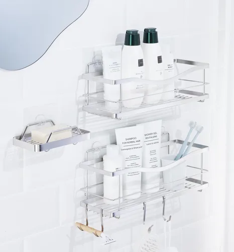 Miniatura 9 de KINCMAX Organizador de ducha – Estante de ducha de pared autoadhesivo – Soporte de champú de baño de acero inoxidable y estante de almacenamiento