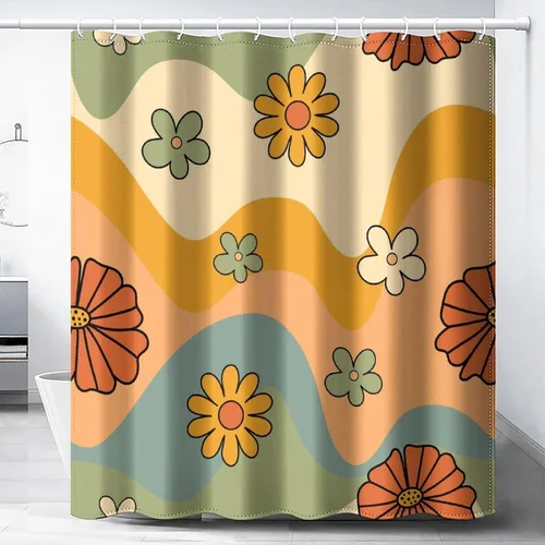 Cortina de ducha de los años 70, linda margarita retro, colorida abstracta con estampado floral, decoración de tina, juego de tela de poliéster Flor