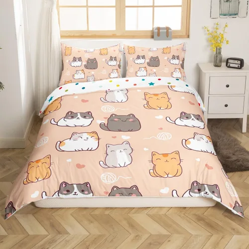 Miniatura 13 de Erosebridal Juego de funda de edredón con diseño de gato y fresa, tamaño individual, diseño de caricaturas, arcoíris, con temática de animales