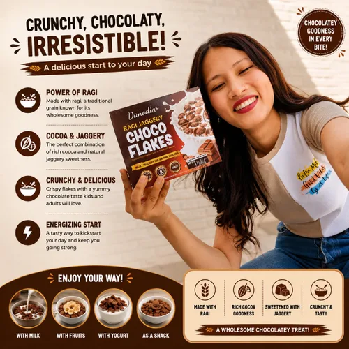 Miniatura 2 de Danodia Foods Ragi Jaggery Choco Flakes 250g/8.8 oz, Cereal de desayuno de mijo dedo con sabor a chocolate Jaggery inspirado en la India, cereal