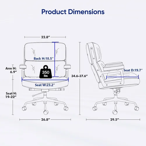 Miniatura 3 de Silla de oficina de cuero genuino, sillas de escritorio ejecutivas con respaldo medio con brazos y ruedas de aluminio, silla giratoria de cuero