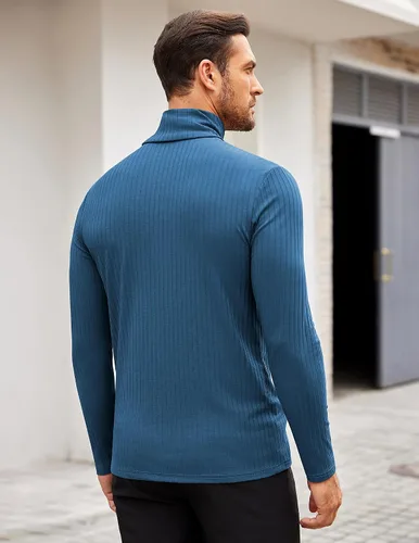 Miniatura 3 de COOFANDY Camisetas de manga larga con cuello alto para hombre, ajustadas, acanaladas, básicas, suéter de punto ligero