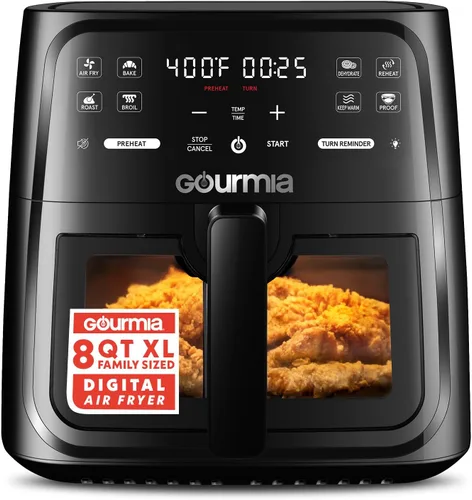 Gourmia Freidora de aire de 8 cuartos de galón, 8 ajustes preestablecidos con pantalla digital, tecnología FryForce de 360°, ventana de fácil visión