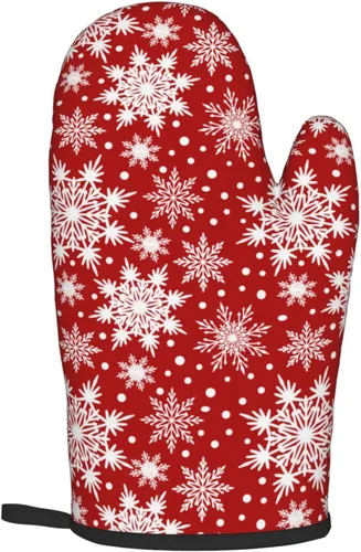 Miniatura 8 de Juego de 2 guantes de horno rojos de copos de nieve de Navidad y agarradera, adecuados para barbacoas, hornear, cocinar, microondas
