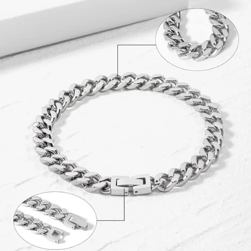 Miniatura 2 de Pulsera de eslabones cubanos de acero inoxidable de 0.315 pulgadas para hombresmujeresniños, platachapado en oro de 18 quilates, 789 pulgadas