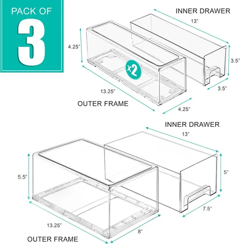 Miniatura 3 de Sorbus 1 cajón grande y 2 pequeños transparentes y apilables – Cajones organizadores de plástico con asas – Cajones de almacenamiento extraíbles