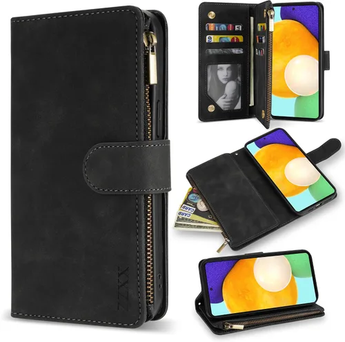 ZZXX Funda tipo cartera para Samsung Galaxy A52, Galaxy A52 con ranura para tarjetas, piel sintética suave de alta calidad, con cremallera, correa