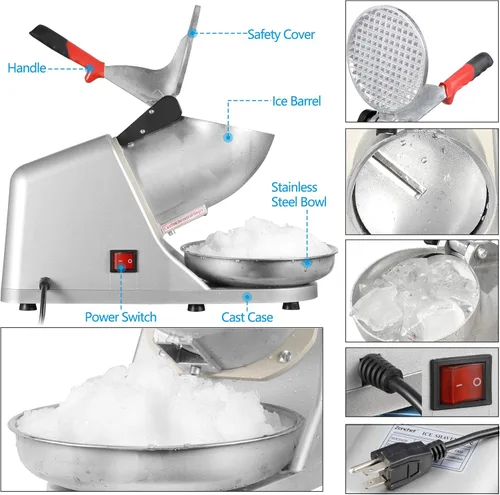 Miniatura 5 de Zeny Máquina trituradora de hielo, eléctrica, para hacer conos de nieve, de acero inoxidable, 145 libras por hora Plateado