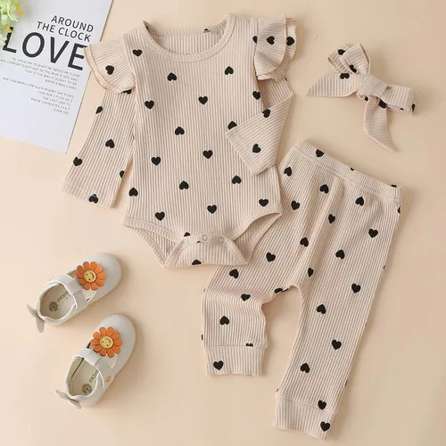Miniatura 3 de Conjunto de mameluco y pantalón de manga larga para niña de 3 piezas