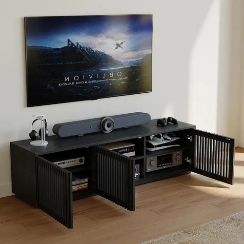 Miniatura 3 de POVISON Soporte de TV Moderno de Mediados de Siglo Completamente Ensamblado, Consola Multimedia de Listones de Madera de 59.06" para TV de 55