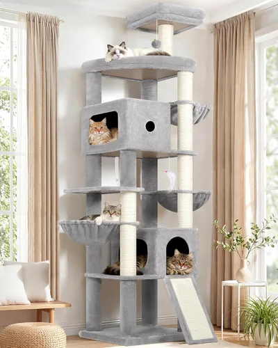 Miniatura 9 de Globlazer Árbol para gatos resistente de 83 pulgadas, torre gigante para gatos con 2 condominios y 3 cestas colgantes, condominio alto de varios