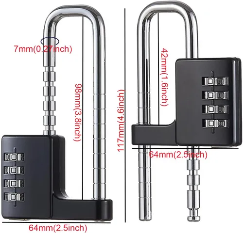Miniatura 2 de Candado en forma de U de acero inoxidable, cerradura de combinación con grillete largo ajustable para exteriores, escuela, gimnasio, taquillas