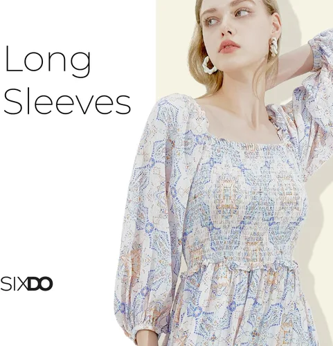 Miniatura 3 de Womens 2025 Midi Dresses Smocked Long Sleeve Floral Elastic Cuffs Square Neck Casual Beach Work Office Wear