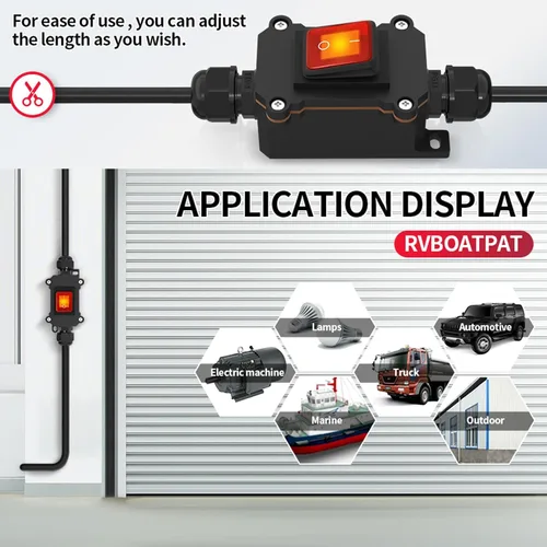 Miniatura 7 de Interruptor en línea de 5 pies y 12 V IP68 impermeable, interruptor de palanca de encendido/apagado para exteriores con caja de conexiones